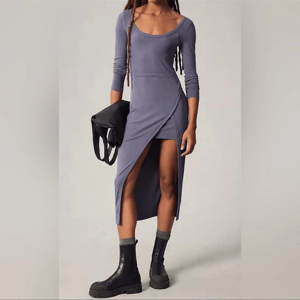 Anthropologie Daily Practice Wrap Midi‎ Dress Blue Comfy Grunge Lagenlook L Soft